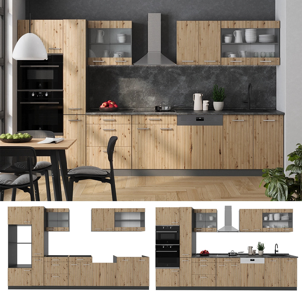 Vicco Mobile da cucina Rovere artigianale/antracite 350 cm con armadio alto, senza piano di lavoro