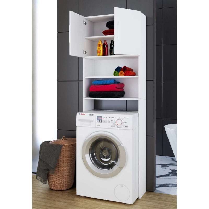 Colonna Lavanderia – Coprilavatrice con Ripiani In Legno Bianco H190 × L64 × P25 cm Soluzione Salvaspazio per Bagno e Lavanderia