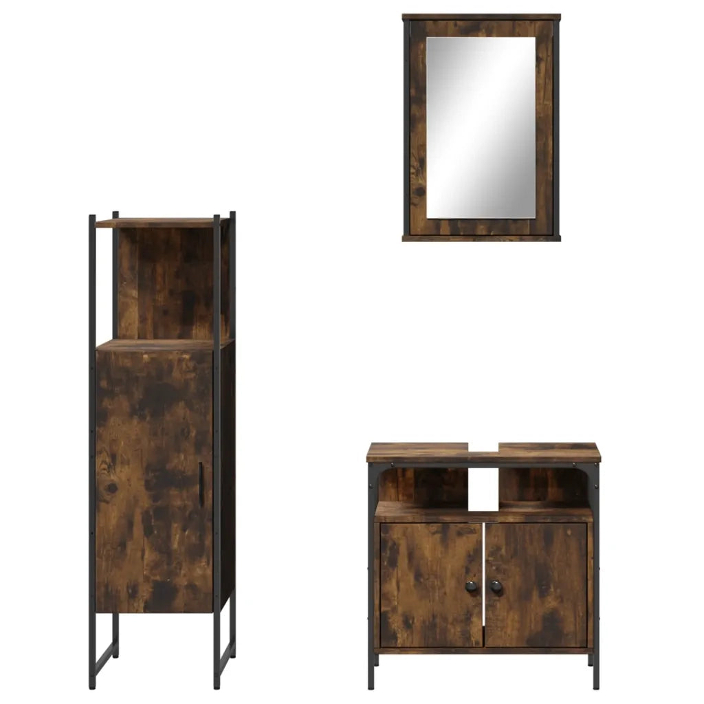 Set Mobili da Bagno | Armadio da bagno 3 pz Rovere Fumo in Legno Multistrato