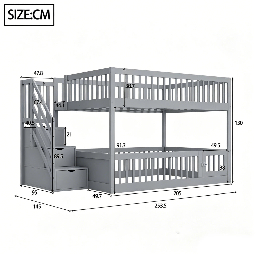 Letto a castello 140x200 cm in legno massello grigio con scala contenitore e porta inferiore