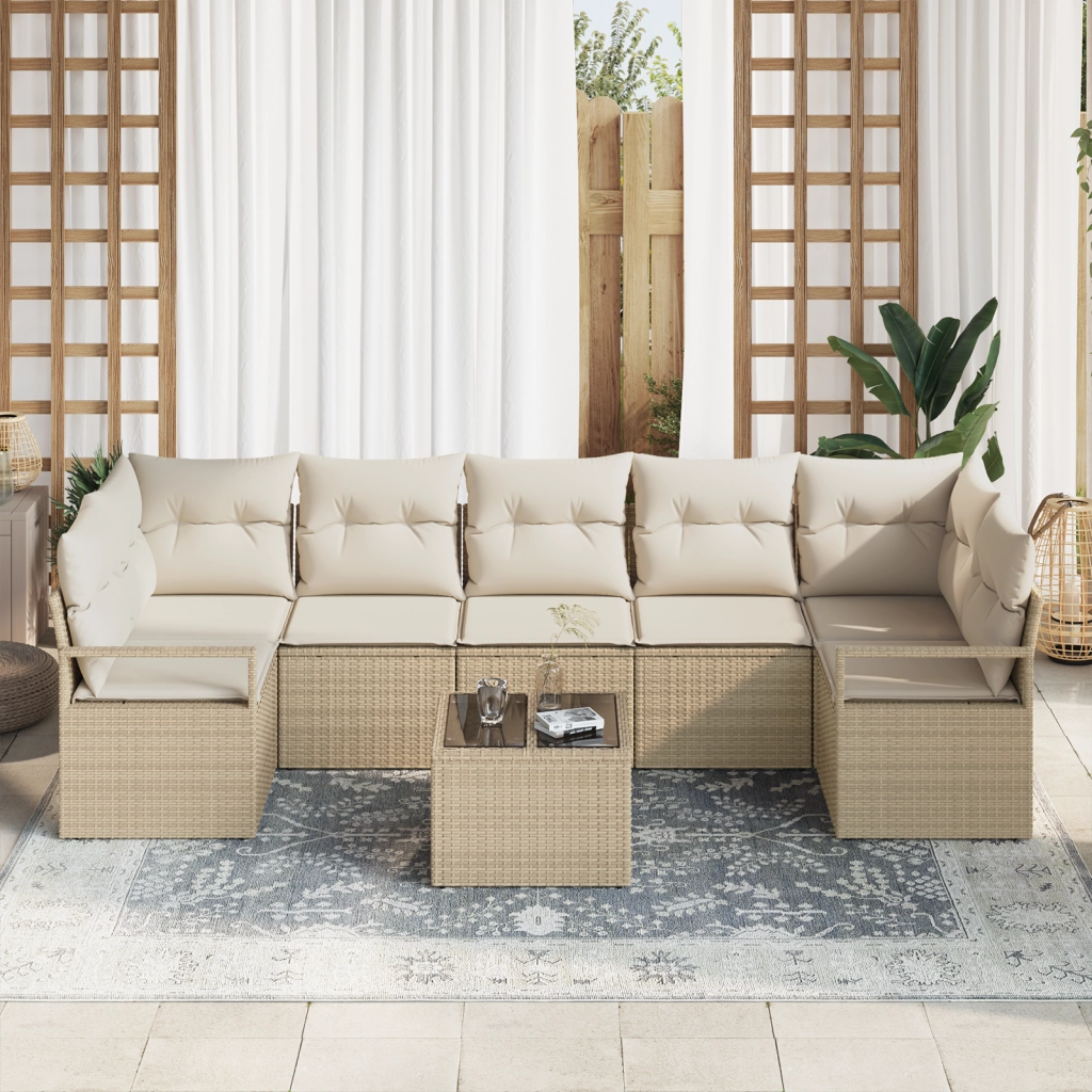 Set Divano da Giardino 8 Pezzi con Cuscini Beige in Polyrattan