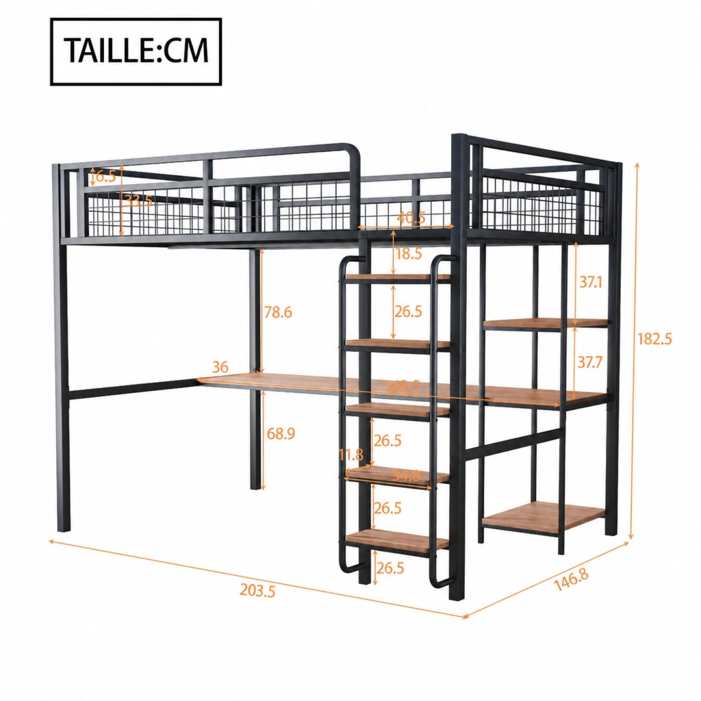 LETTO A CASTELLO 140x200 cm in metallo nero con tavolo e ripiani