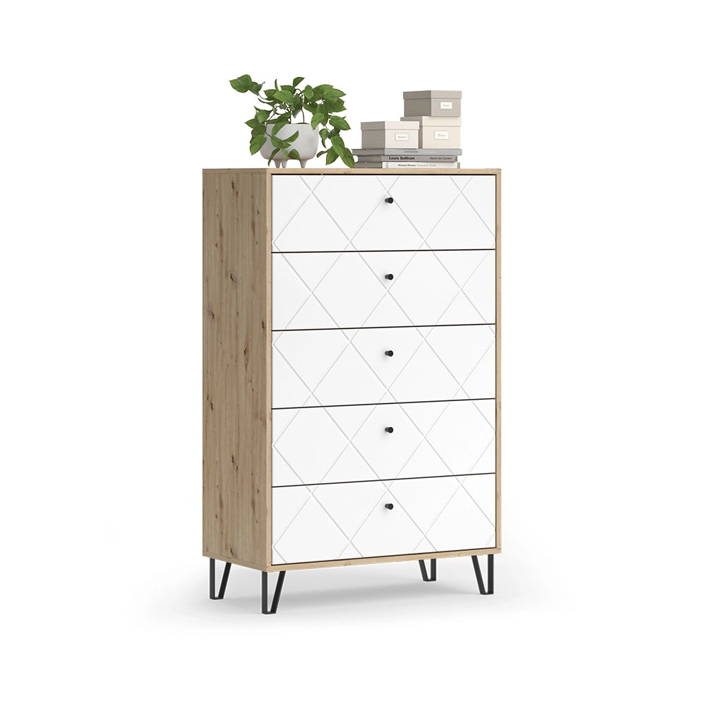 Vicco Cassettiera per camera da letto Artigianale/Bianco 80.2 x 127.4 cm con 5 cassetti