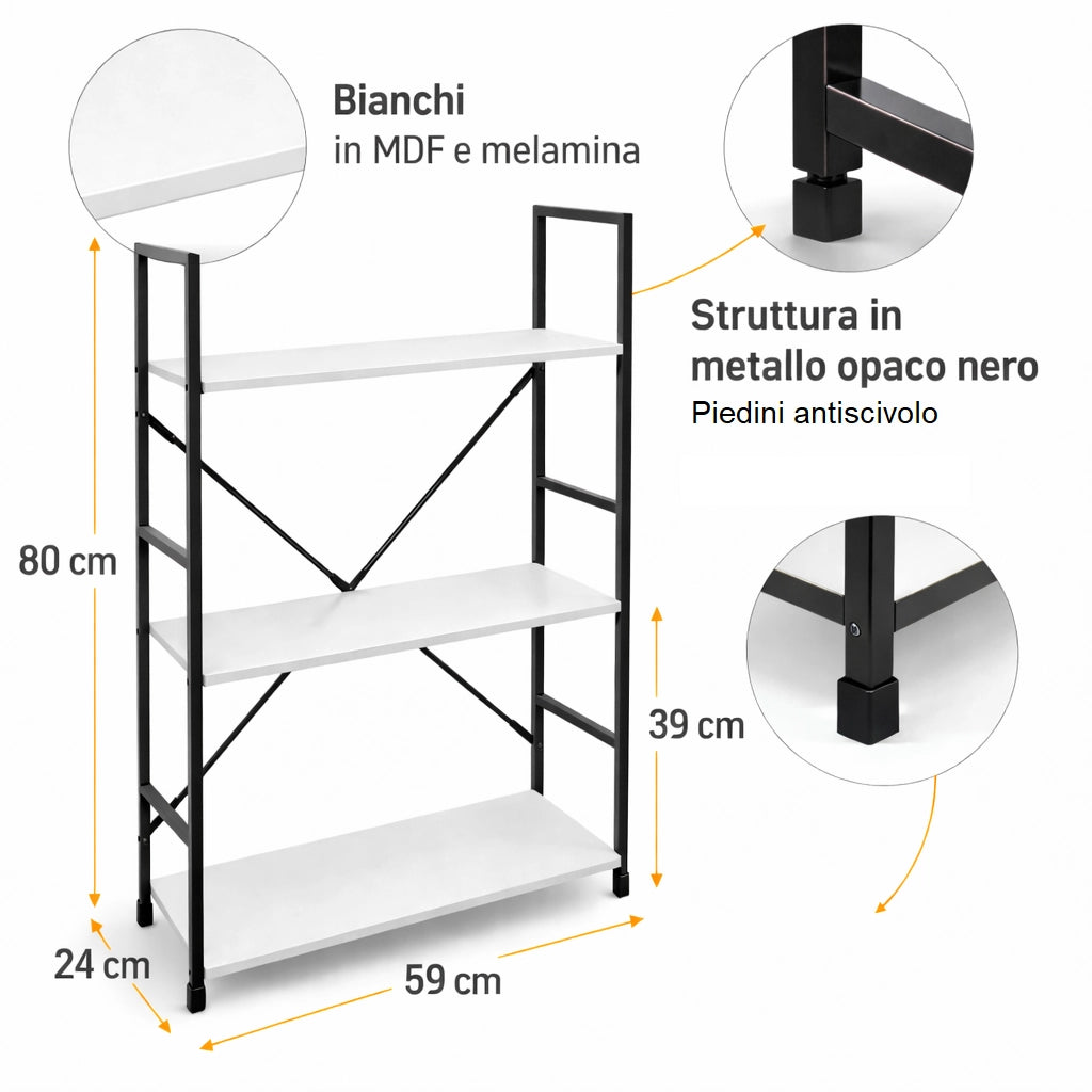 Mobile Scaffale Industrial 3 Ripiani Metallo Nero Legno Mdf Bianco 59x24 H80cm