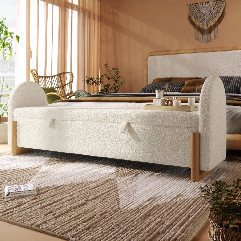 Panca contenitore 186 × 47 × 61 cm con vano idraulico e soft-close, senza materasso, in chenille bouclé, bianco