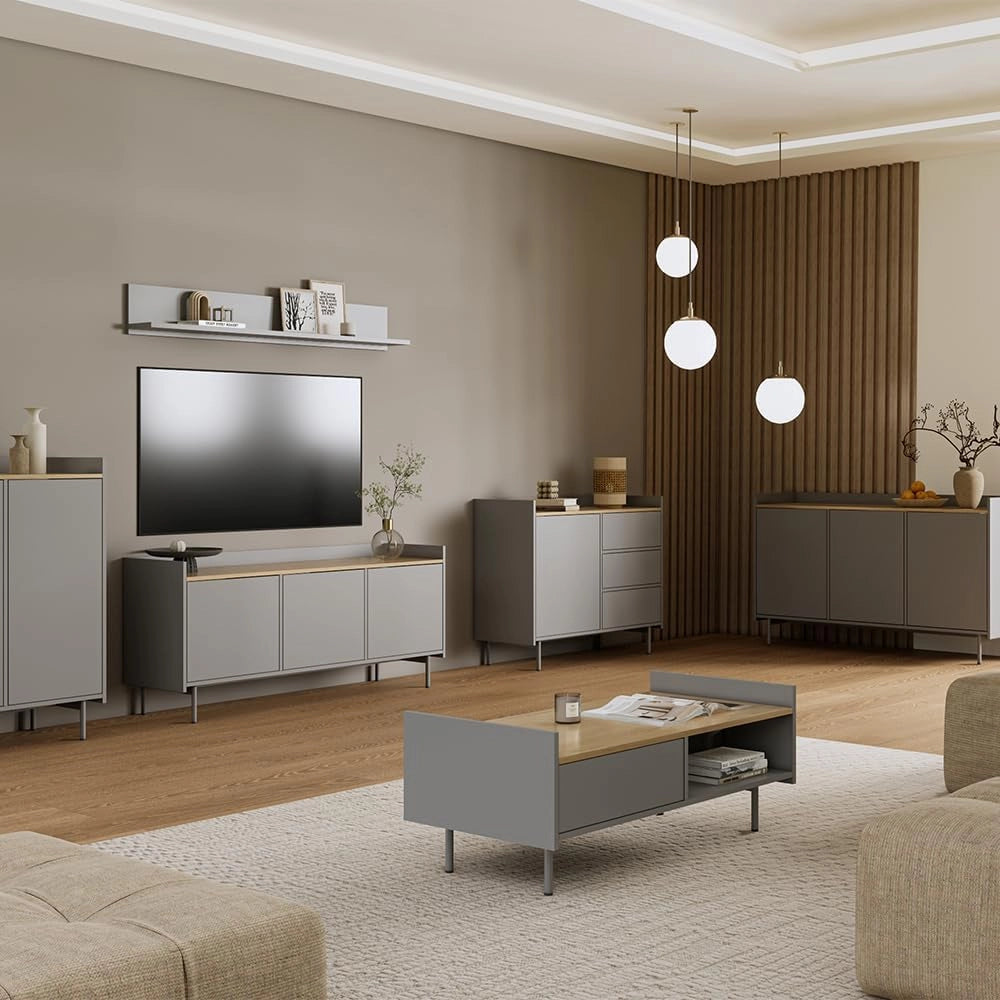 Credenza Velina, Grigio/quercia, 140 x 82 cm con 6 scomparti