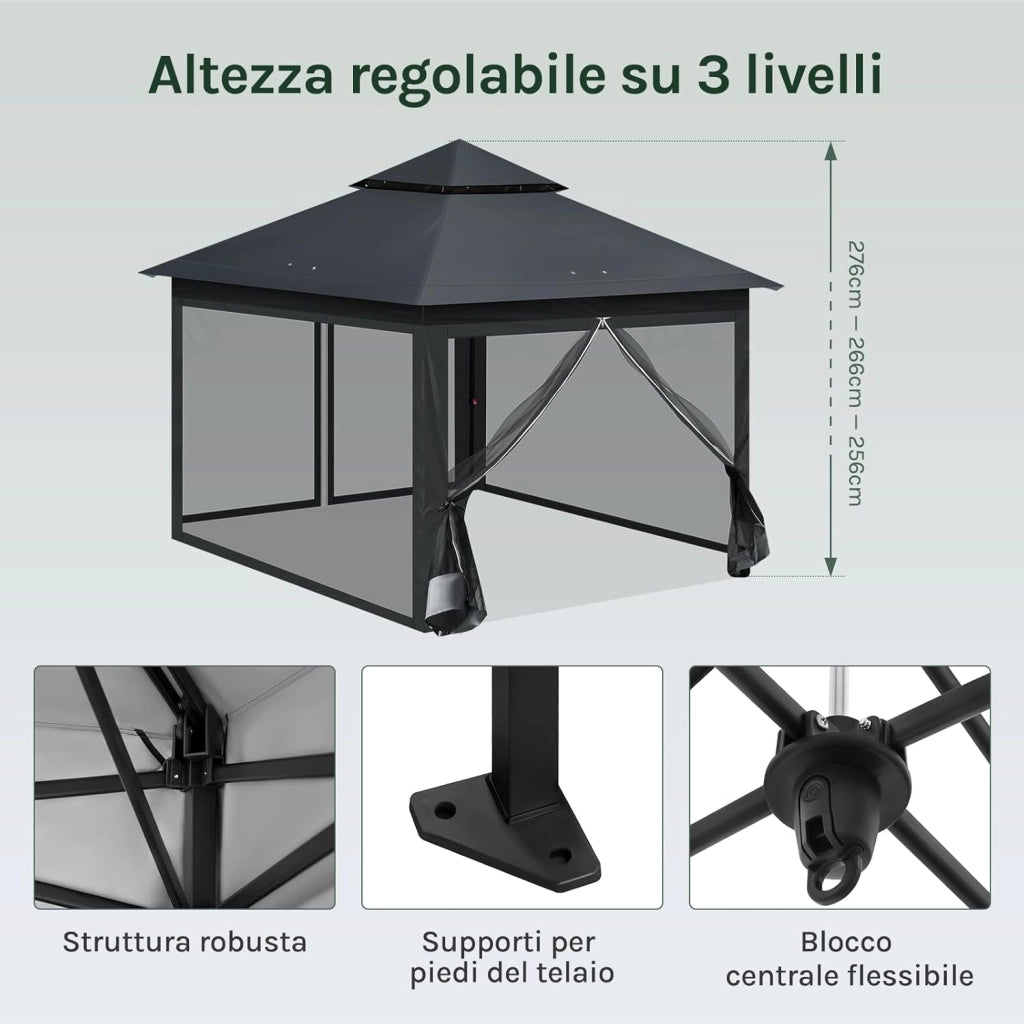 Gazebo da Giardino per Esterni, Gazebo 3x3 Pieghevole Impermeabile, con Zanzariera Rimovibile, Doppio Tetto, Borsa per Trasporto, Resistente ai Raggi UV, Antracite