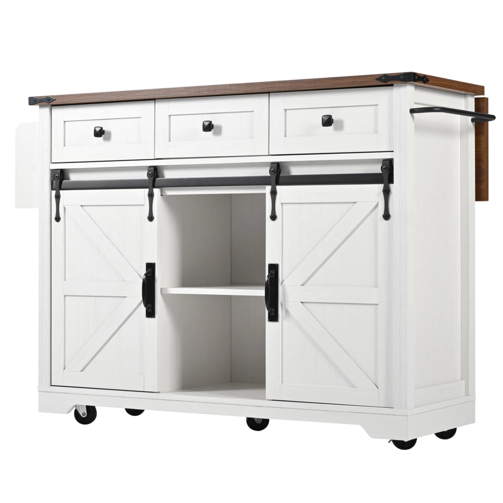Isola da cucina con piano estraibile, 3 cassetti, ante scorrevoli e ruote, beige