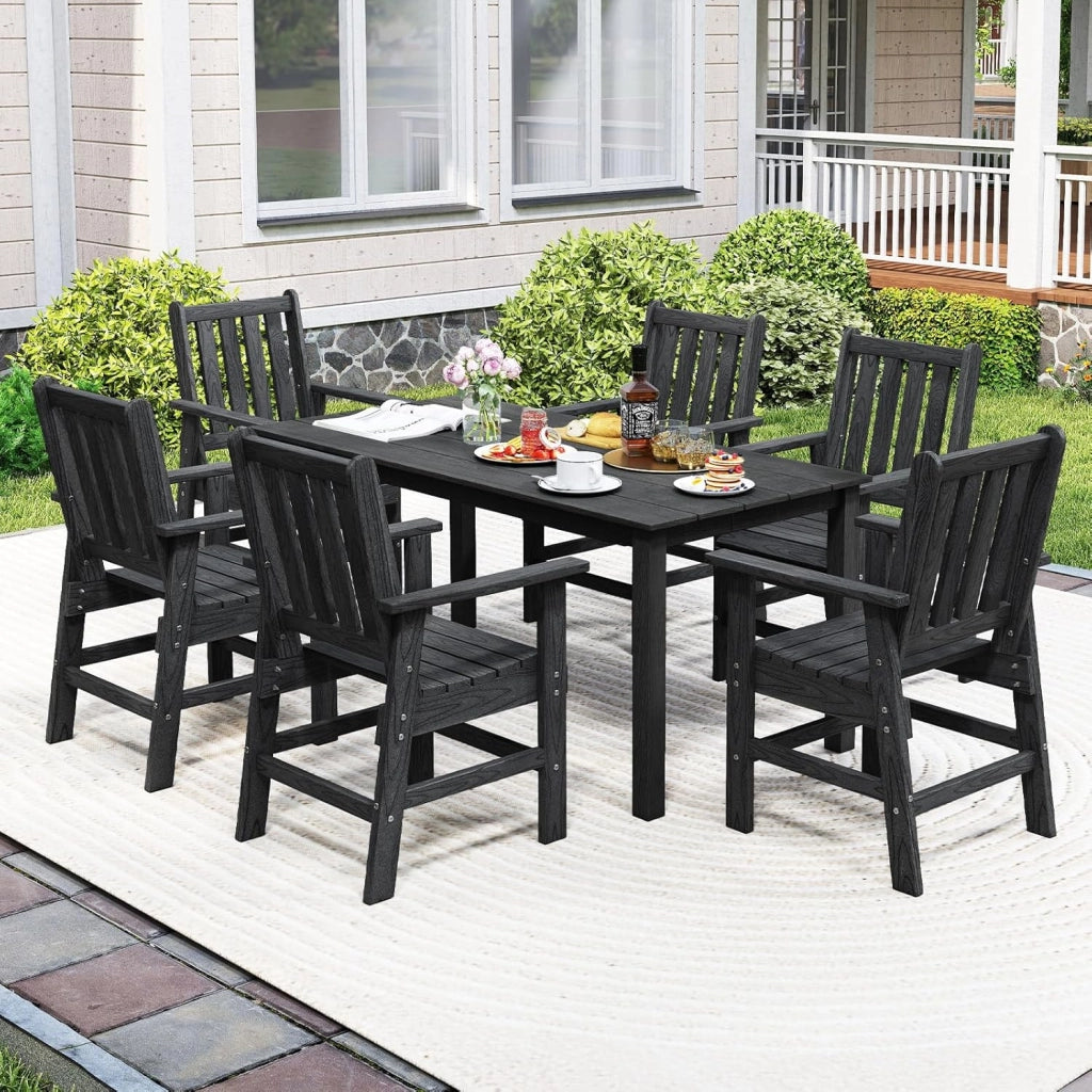 Sedia da Pranzo da Giardino con Larghi Braccioli, Sedile e Schienale a Doghe, Sedia da Esterno con Aspetto Estetico in Finto Legno, Adatta a Soggiorno, Sala da Pranzo, Gazebo (Nero)