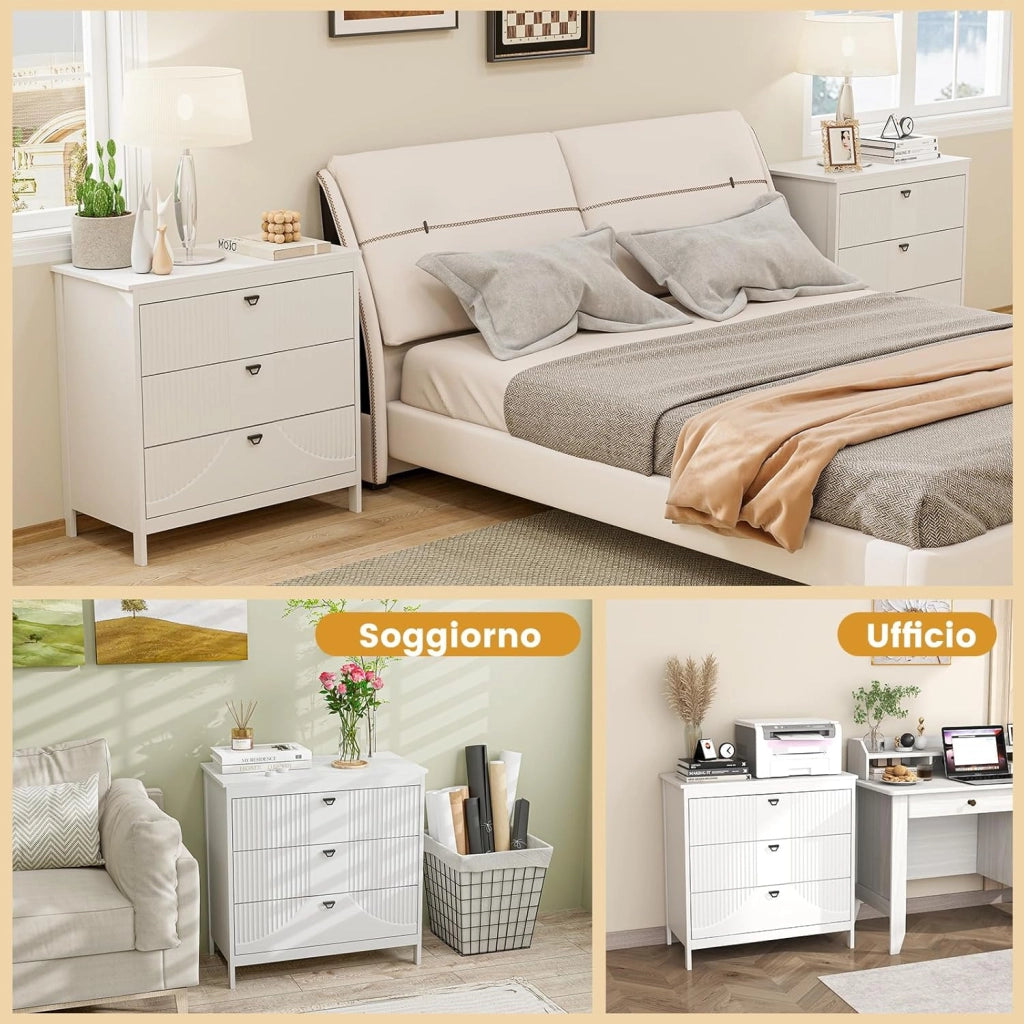 Comò a 3 Cassetti, Cassettiera in Legno con Kit Anti-Ribaltamento, Armadio di Stoccaggio con Ampio Spazio per Camera da Letto Soggiorno Ingresso, 80 x 40 x 79 cm