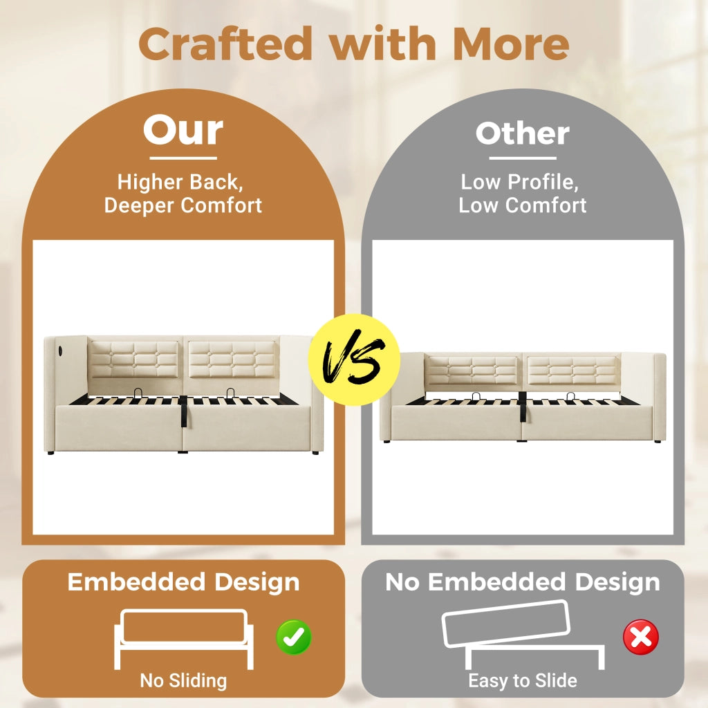 DESMIU Divano letto 90 × 200 cm 1 posto con vano contenitore idraulico, USB, Type-C, senza materasso, in velluto, beige