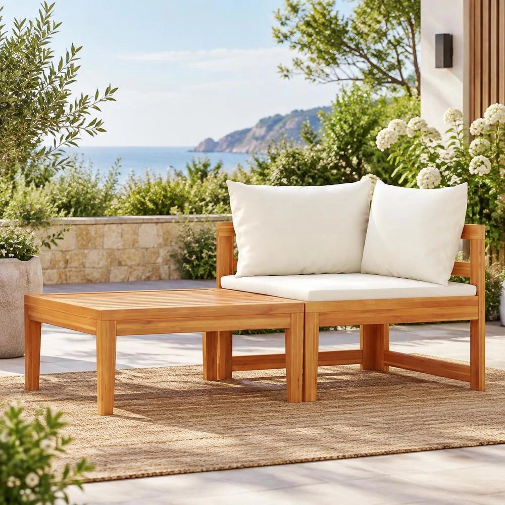 2-piece Garden Lounge Set With Cushions, Cream White, Acacia Wood