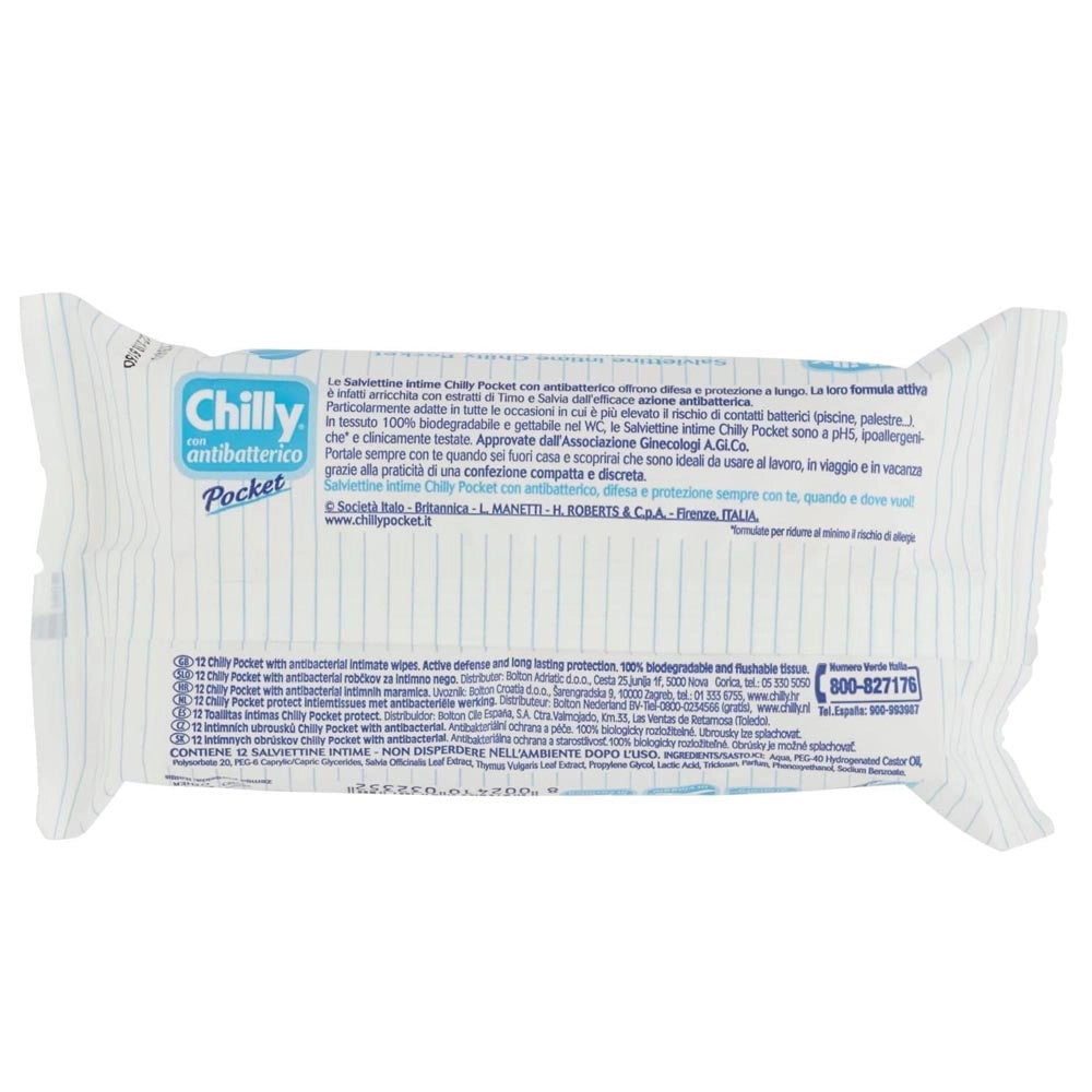 Chilly salviettine antibatteriche con formula anti-odor 12 buste da 12 salviette ciascuna
