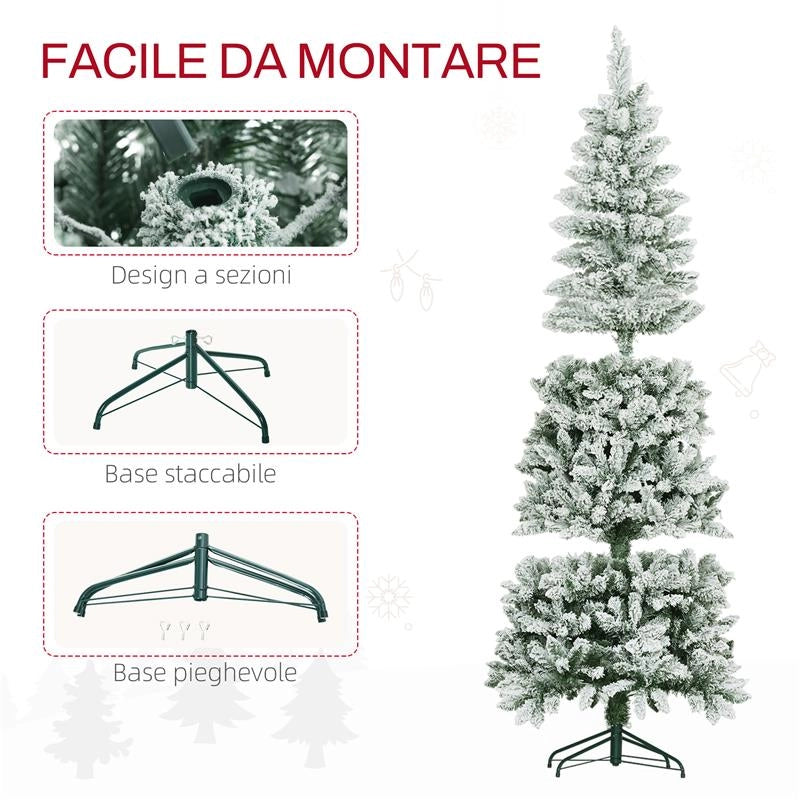 ALBERO DI NATALE 180CM CON 479 RAMI INNEVATI, DESIGN ALTO E STRETTO CON BASE PIEGHEVOLE, VERDE