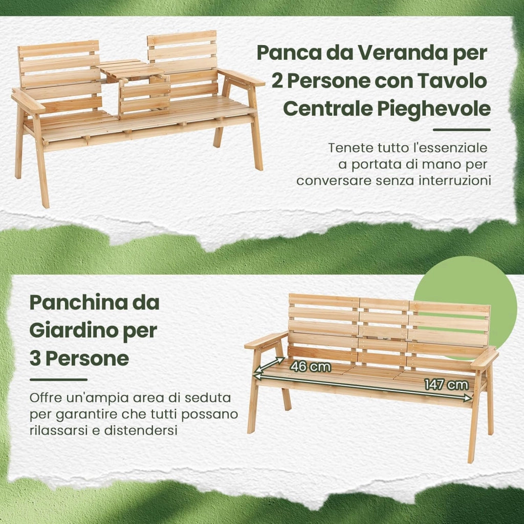 Panchina da Giardino in Legno, Panca Abete 2 o 3 Posti, 160 x 64 x 86 cm, Tavolino Convertibile in Seduta, Panca per Veranda, con Schienale, Braccioli, Portata 300 kg (Naturale)