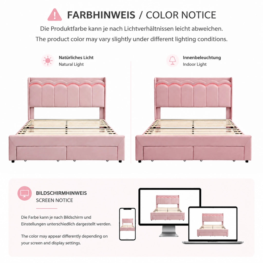 Letto imbottito per bambini 140 ¡Á 200 cm in velluto rosa con 2 cassetti e LED controllata tramite app