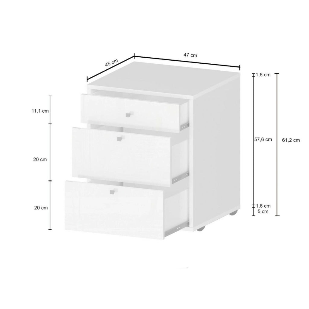 Cassettiera Asgabat, Cassettiera camera da letto , Settimino con 3 cassetti, 47x45h61 cm, Bianco