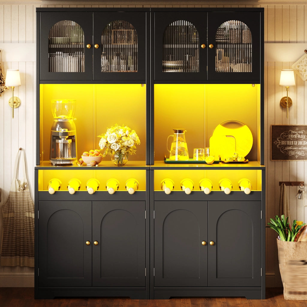 Credenza e madia set da 2 con LED RGB app, ante in vetro, portabottiglie e ripiani regolabili, nero 140 × 38,3 × 180 cm