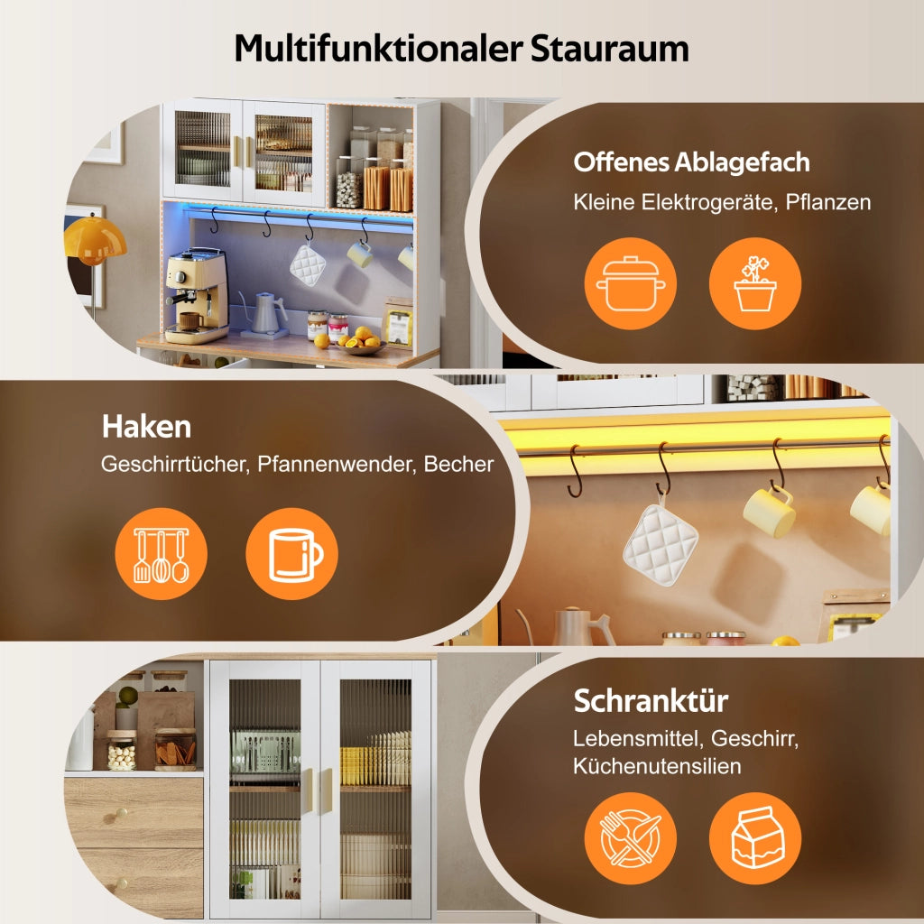 Credenza alta da cucina con LED, 4 ante in vetro temperato, prese e ripiani regolabili, per cucina, 110 × 40 × 178 cm