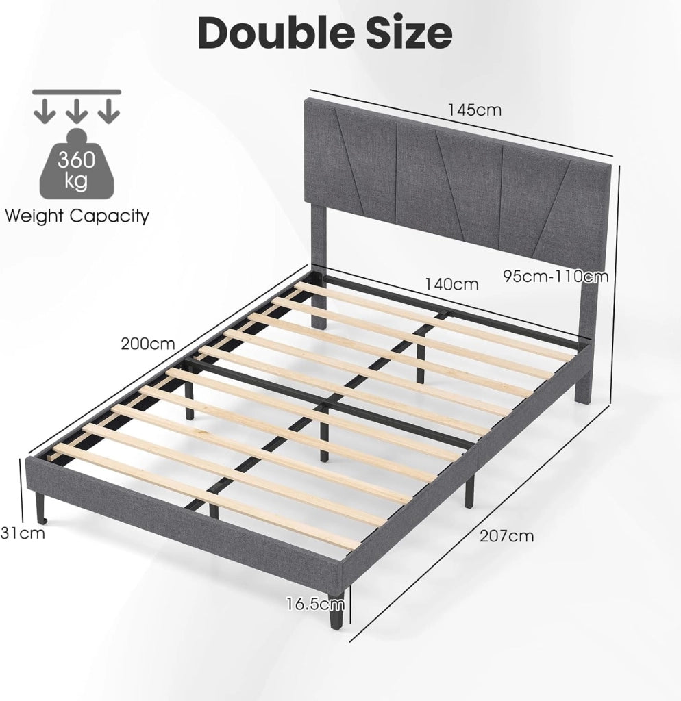 Telaio letto imbottito per 2 persone, testiera regolabile su 3 livelli, 10 doghe in legno e spazio di archiviazione, montaggio semplice, supporta fino a 360 kg, grigio scuro (140 x 200 cm)