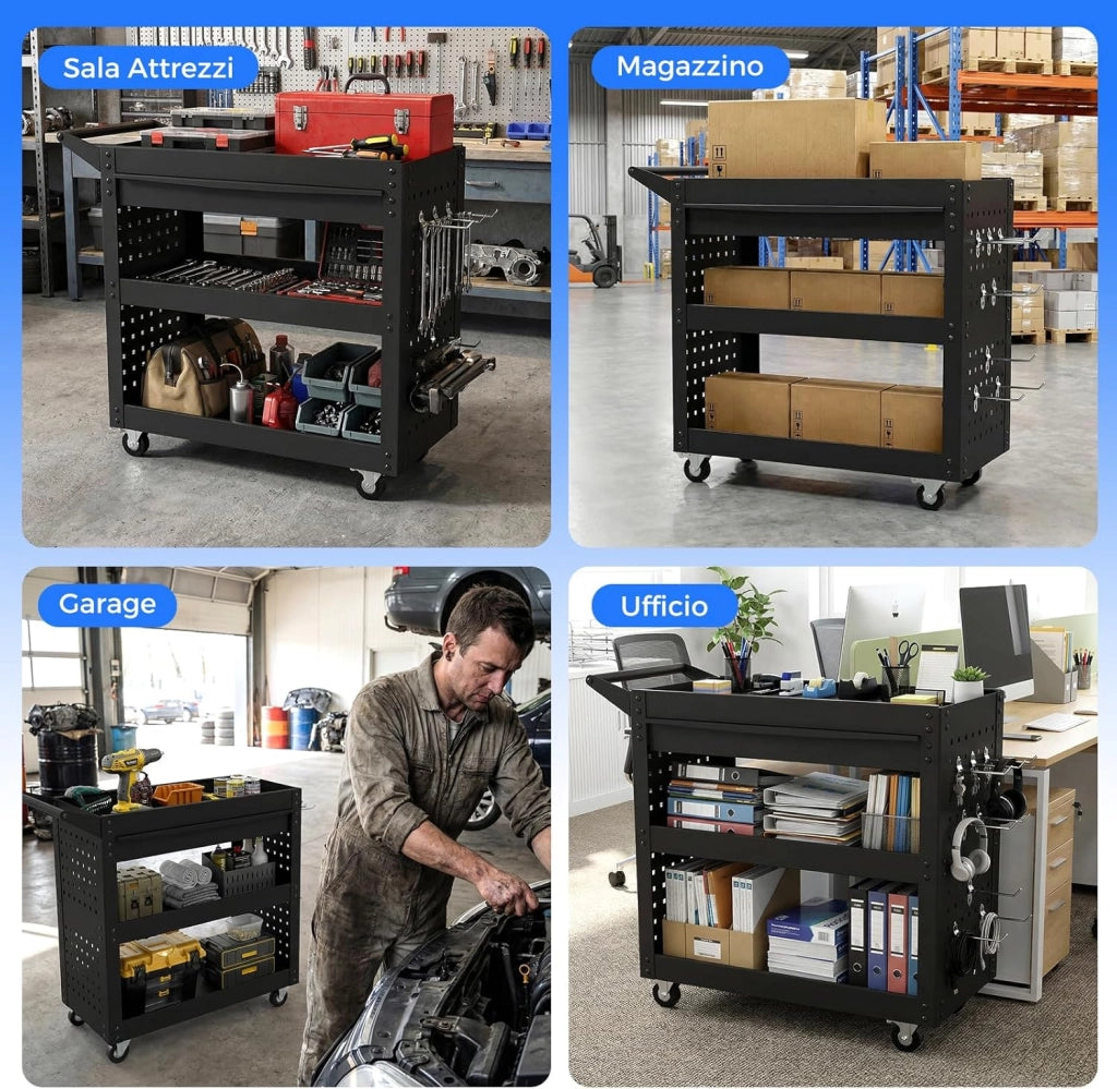 Carrello Portautensili a 3 Ripiani con Ruote, Carrello Attrezzi in Metallo con Cassetto Grande, 2 Pannelli Forati e 8 Ganci, Carrello di Servizio per Garage e Officina, Portata 250 kg