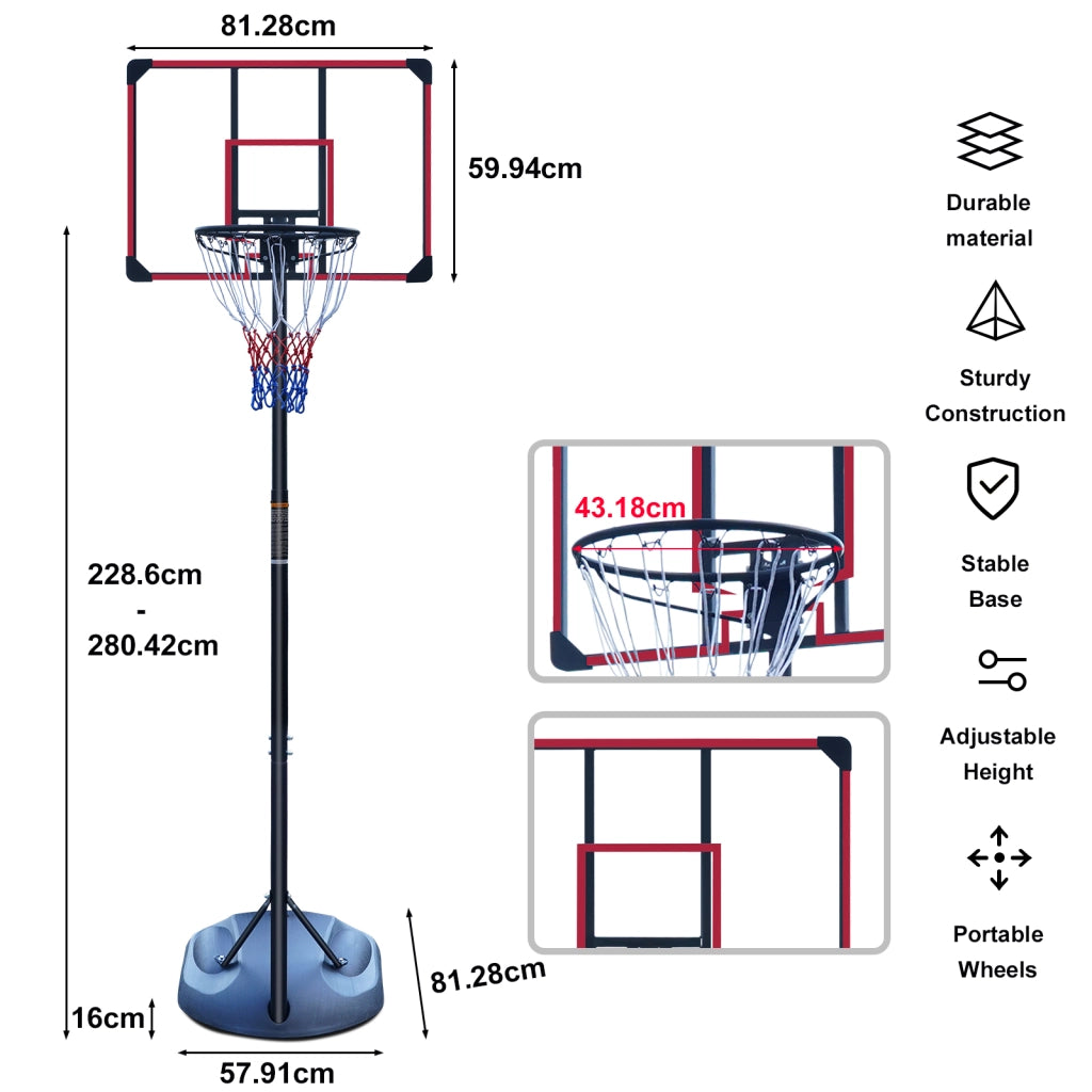 Canestro da basket regolabile in altezza con ruote, struttura in acciaio nero/rosso