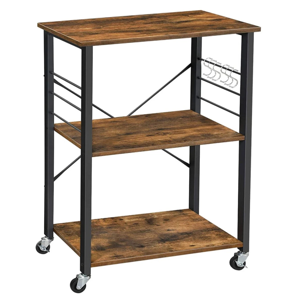 Carrello da cucina 3 ripiani 60 x 40 x 89 cm per microonde mini forno tostapane struttura in metallo con 6 ganci stile industriale marrone rustico 12_0005674