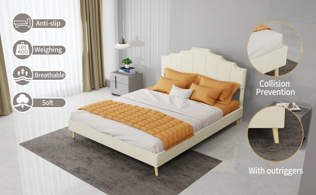 DESMIU Letto matrimoniale 140 × 200 cm 2 posti con testiera geometrica, senza materasso, in tessuto beige
