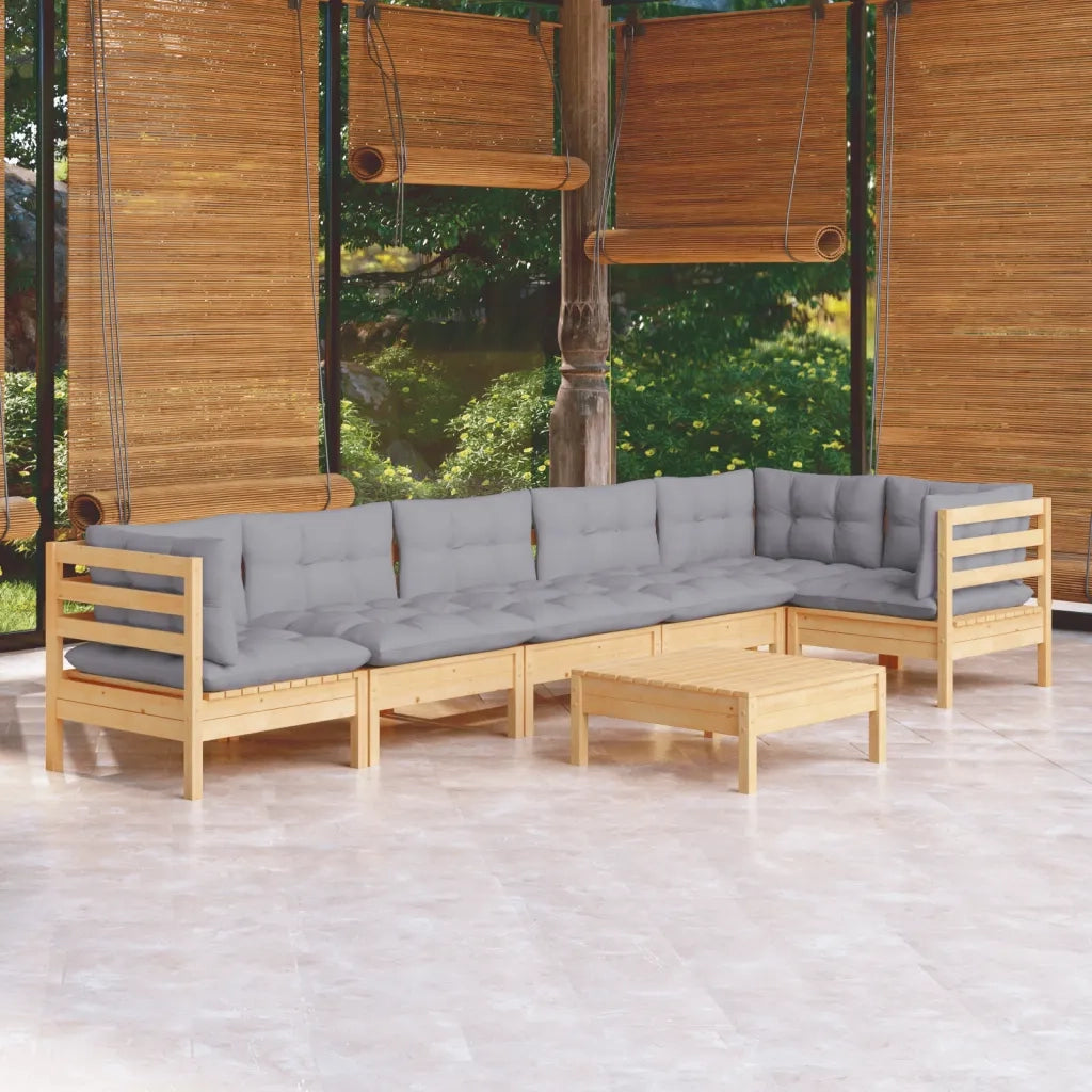 Set Divani da Giardino 7 pz con Cuscini Grigi Massello di Pino 3096399