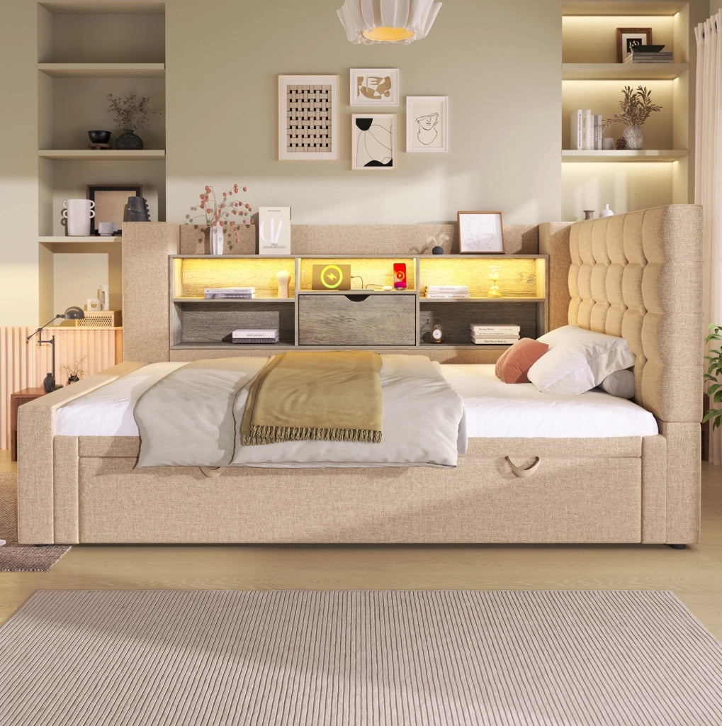 Letto imbottito 90x200 cm con letto estraibile; LED e porte USB; beige