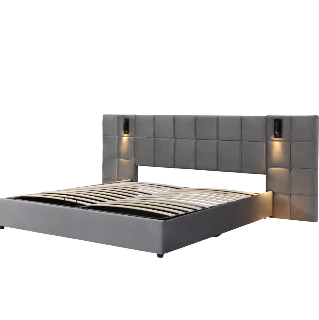 Letto imbottito contenitore idraulico 180x200 cm con luce da lettura USB; velluto grigio