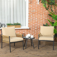 Set Tavolino e 2 Poltroncine con Cuscini da Giardino in Rattan PE Acciaio e Poliestere Beige