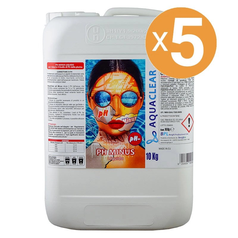 Riduttore Ph Minus Liquido Piscina, 5 Confezioni Da 10 Kg