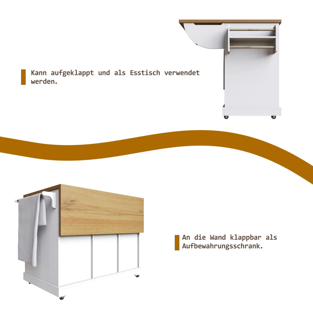 Isola da cucina pieghevole in MDF e metallo bianca