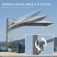 Ombrellone a Sbalzo con Manovella e Base a Croce, in Poliestere, Alluminio e Metallo, 365x297x256 cm, Grigio Chiaro