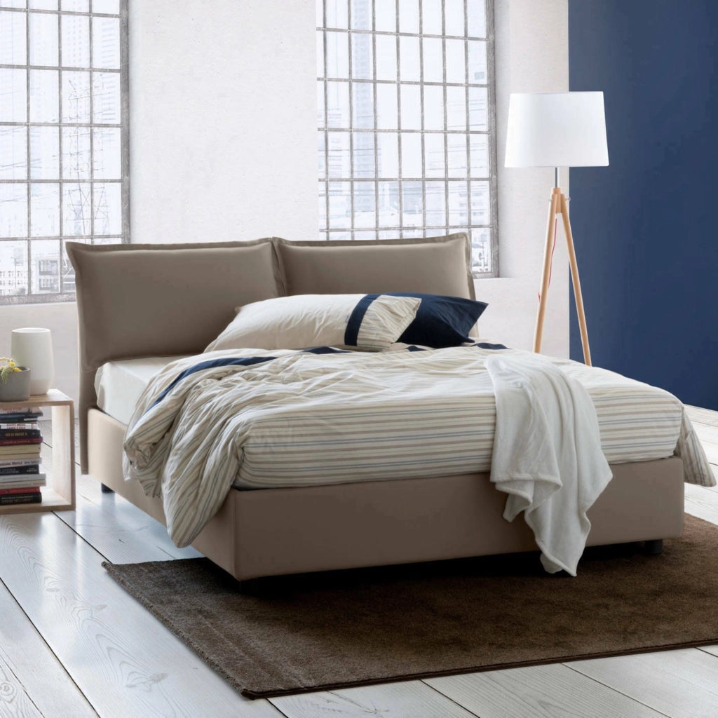Letto matrimoniale Annica, Letto contenitore con rivestimento in tessuto, Made in Italy, Apertura frontale, con materasso cm 140x200 incluso, Tortora