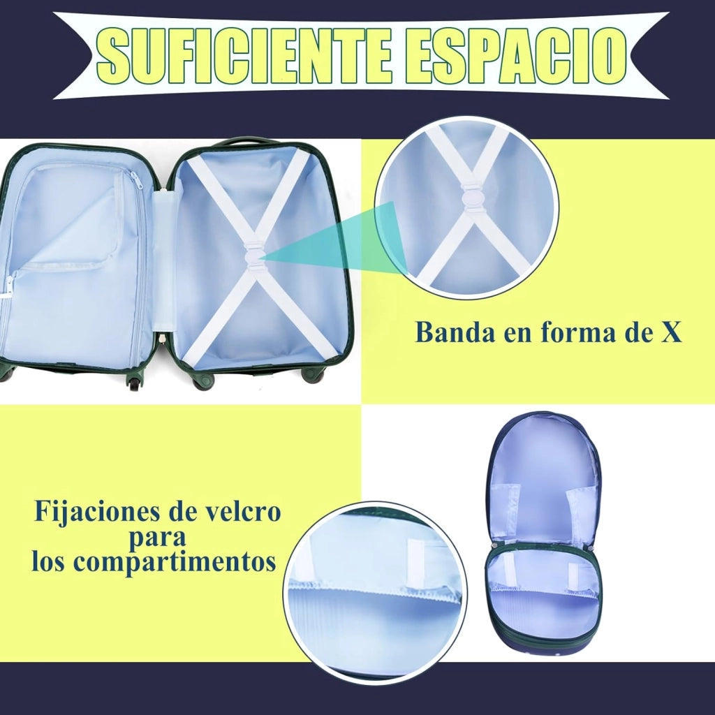 Set di Valigia 16’’ + Zaino 12’’ per Bambini 2 Pezzi, Bagagli 2-in-1 con Zainetto da Viaggio Aereo, Trolley con Maniglia Telescopica e 4 Ruote a 360° (Blu Jungla)
