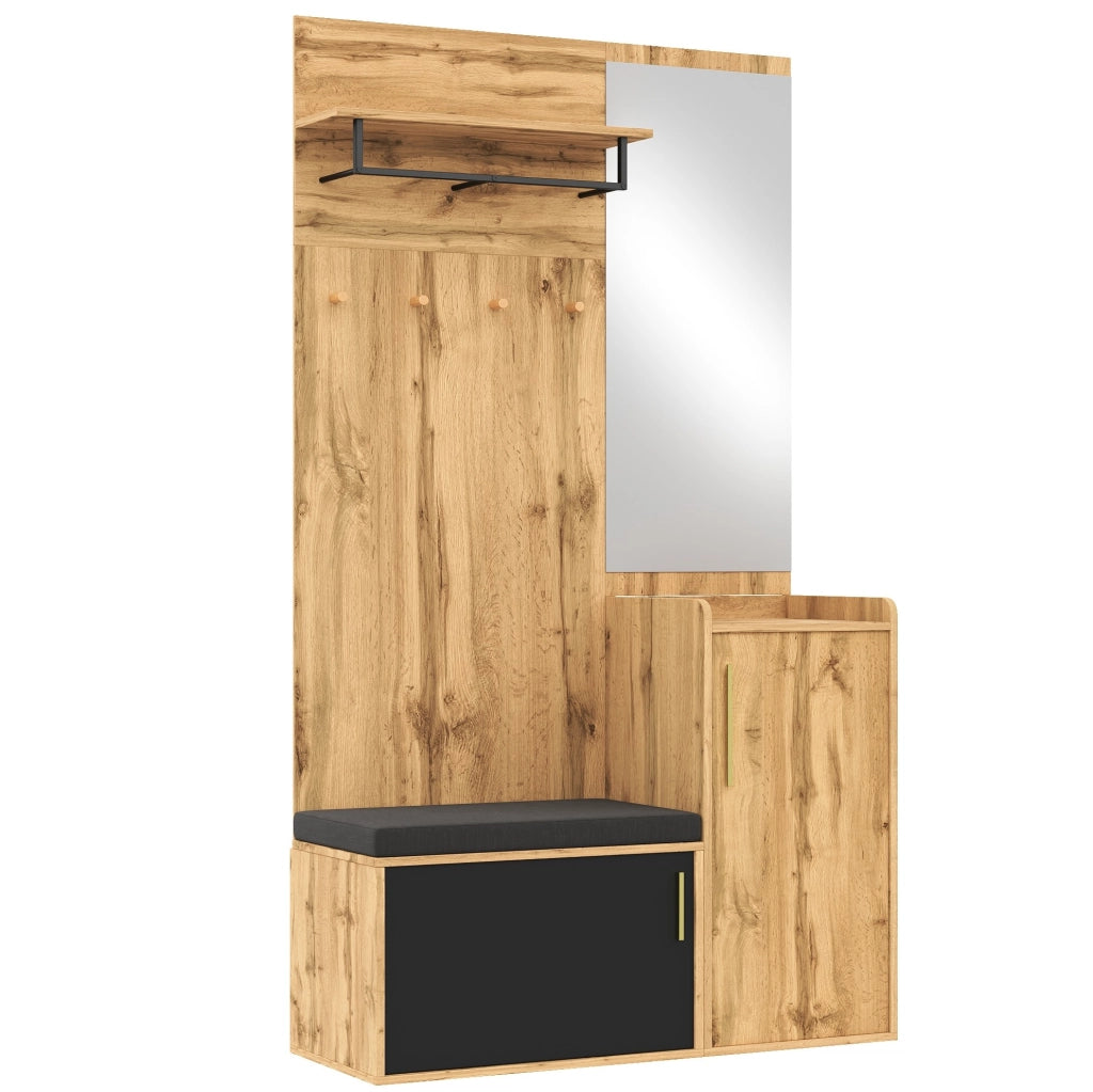 Garderoba ingresso compatta con specchio; panca e scarpiera 100x38x185 cm; nero e naturale