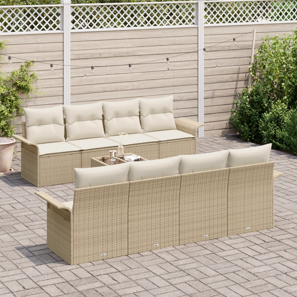 Set di Divani da Giardino 9 Pezzi con Cuscini Beige in Rattan Sintetico
