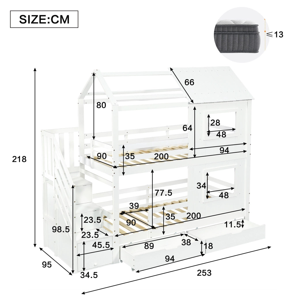 OKWISH Letto a Castello 90×200 cm, Letto Singolo con Scala Contenitore, Cassetto con Ruote e Finestre e Tetto, senza Materasso, Bianco