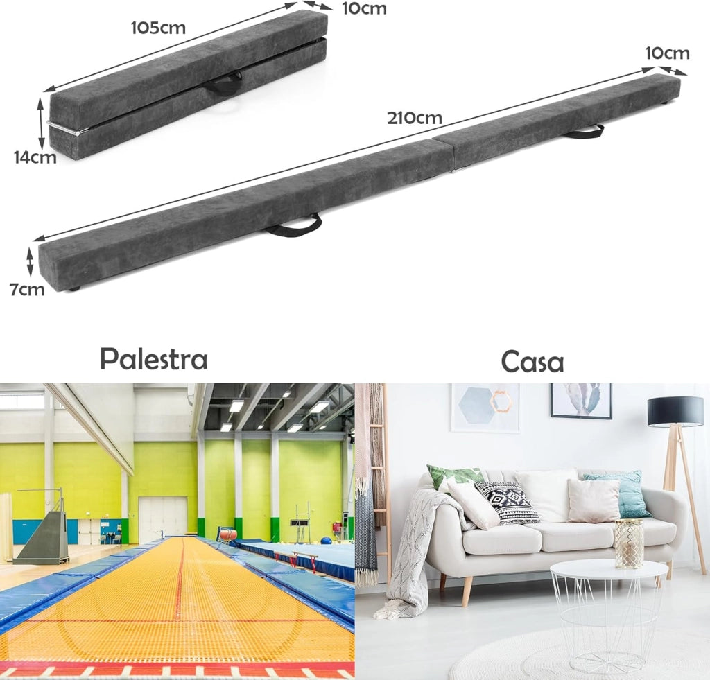 Trave Ginnastica Artistica per Casa 210/240 cm, Trave Pieghevole per Bambini con Maniglia, Base in Legno e Fondo Antiscivolo, Trave di Equilibrio da Pavimento