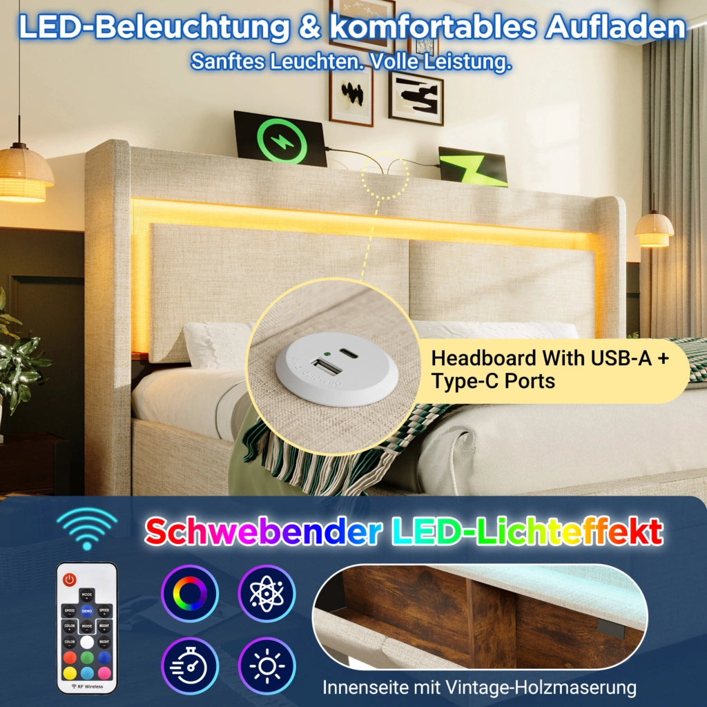 Letto imbottito 140x200 cm con vano idraulico; cassetto; LED; USB e USB-C; lino beige