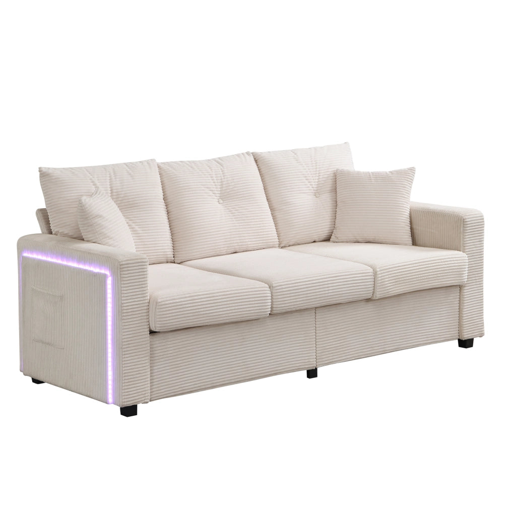 Divano 3 posti angolare beige con illuminazione LED, pouf mobile e cinque cuscini confortevoli