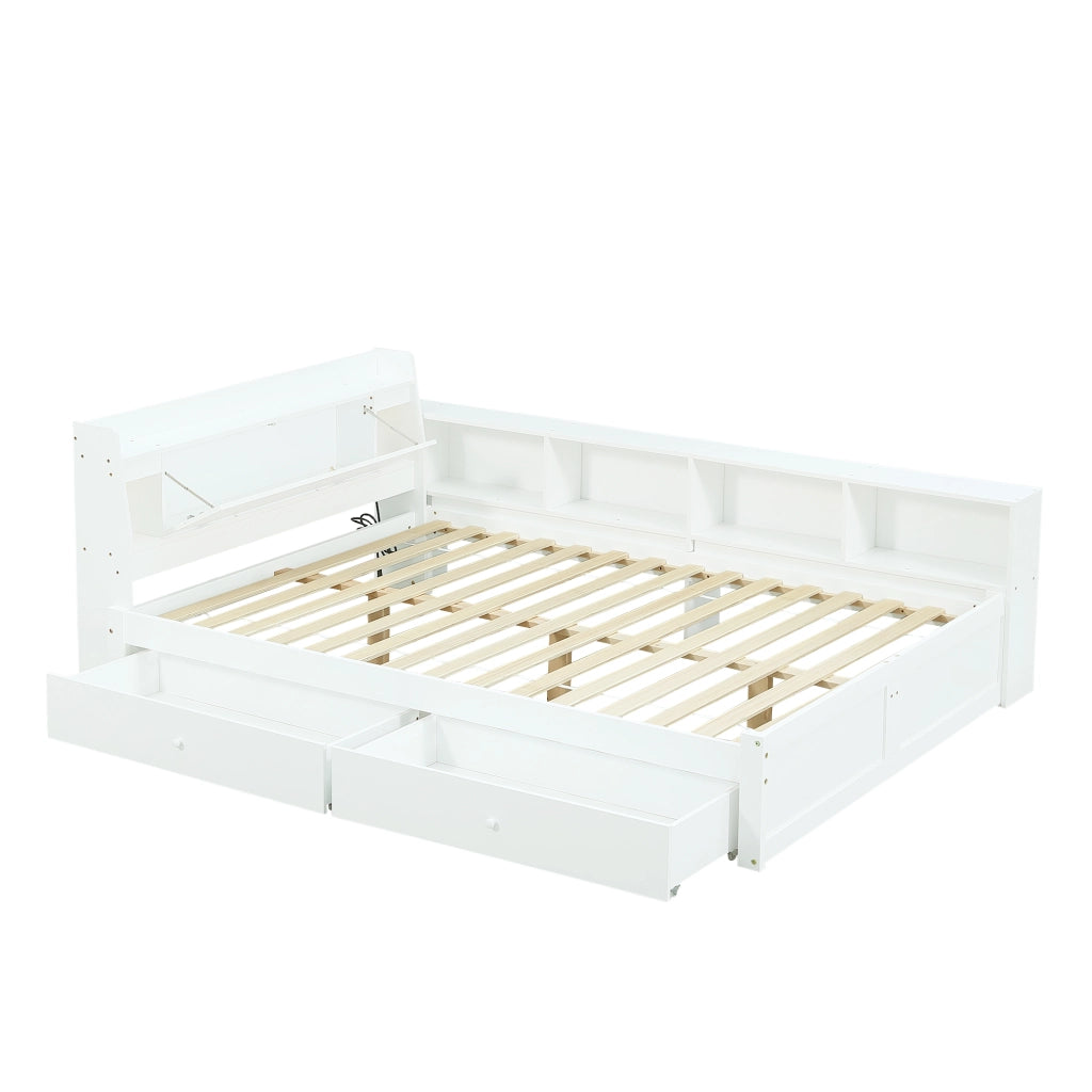 Letto matrimoniale con testiera - Zephmum- 140x200cm Bianco con cassetti e luci