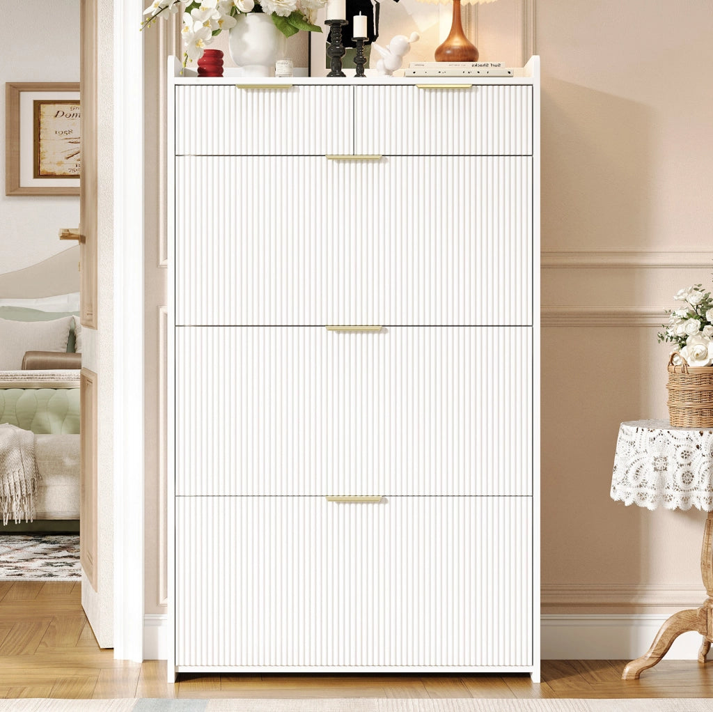 Scarpiera salvaspazio 80x25x135 cm con 3 ribalte e 2 cassetti; bianco