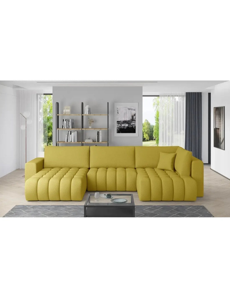 Divano ad angolo BONITA convertibile 6 posti giallo tessuto – sinistro – 350x175cm
