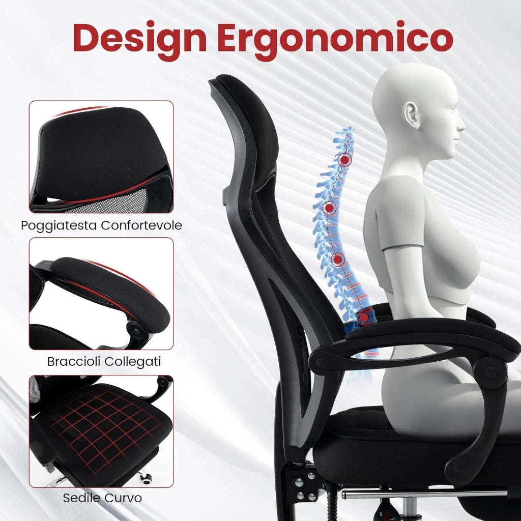 Sedia da Ufficio Ergonomica in Rete con Poggiapiedi, Poggiatesta e Braccioli Confortevoli, Poltrona con Schienale Inclinabile e Altezza Regolabile, Sedia Girevole, Portata 135 kg
