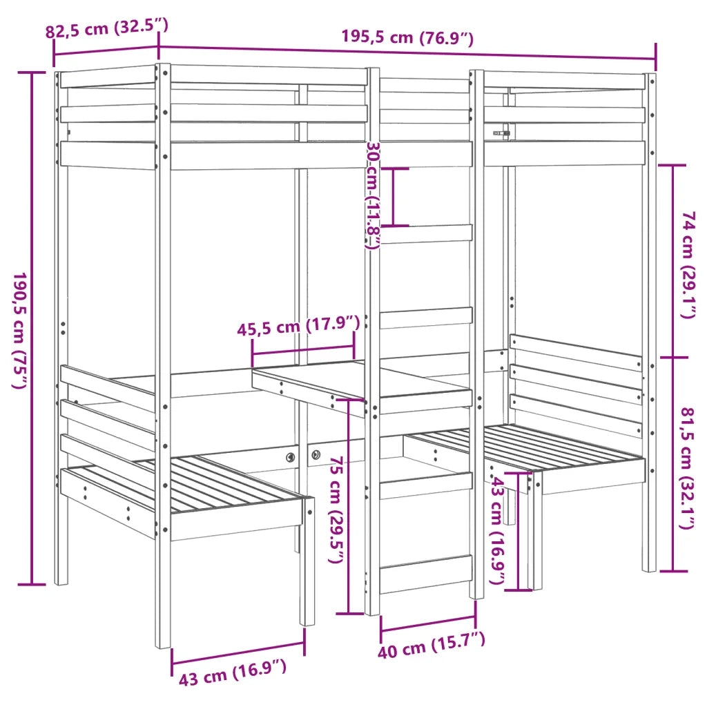 Letto singolo | Letto per adulti | Giroletto Soppalco con Scrivania e Sedie 75x190cm Legno Pino
