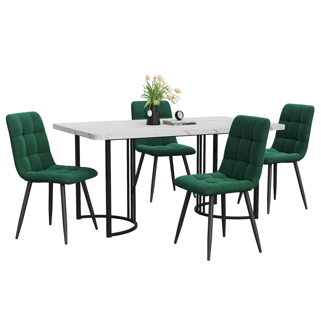 Tavolo da pranzo per 4 persone con 4 sedie in velluto, piano effetto marmo, in MDF e metallo, per cucina, 140 × 80 cm