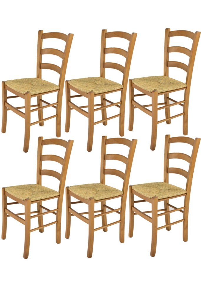 Set 6 Sedie Venice Tommychairs, robusta struttura in legno di faggio verniciata in rovere e seduta in paglia